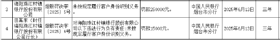 海阳珠江村镇银行被罚款25万元：未按规定履行客户身份识别义务