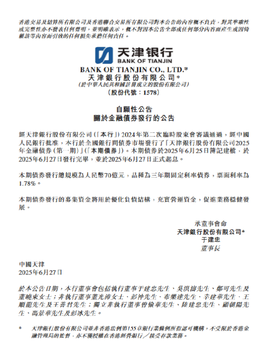 天津银行：发行70亿元金融债券