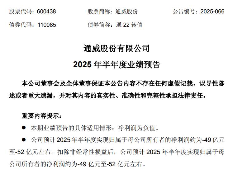 通威股份：预计上半年净亏损49亿元-52亿元