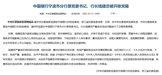 中国银行宁波市分行原党委书记、行长钱建忠被开除党籍
