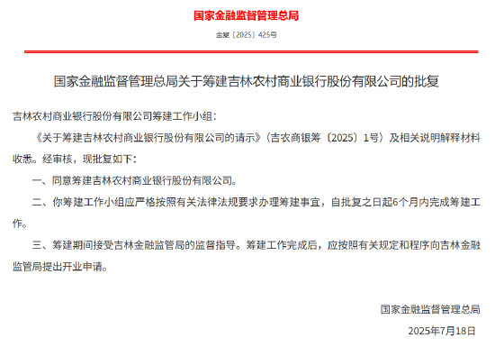 吉林农村商业银行获批筹建