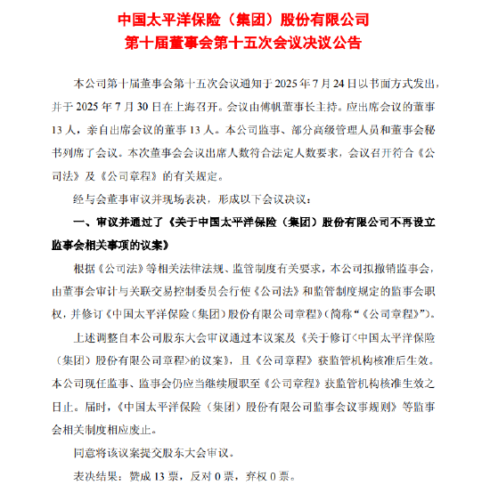 中国太保：拟不再设立监事会