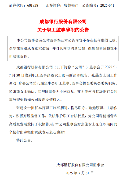 成都银行：职工监事张蓬辞任