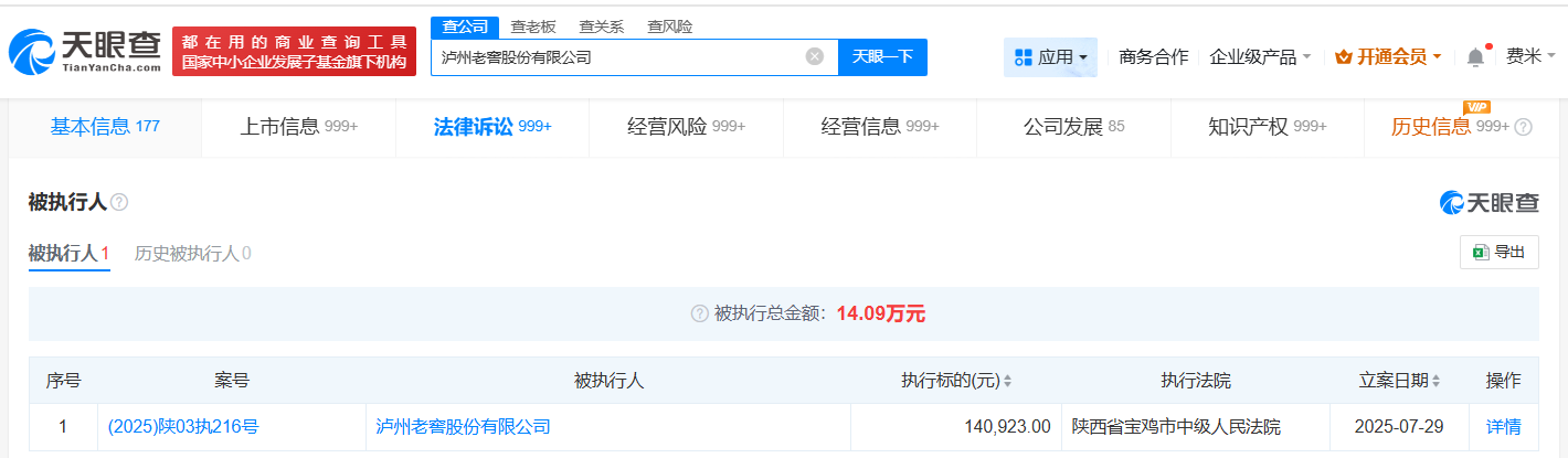 泸州老窖成被执行人
