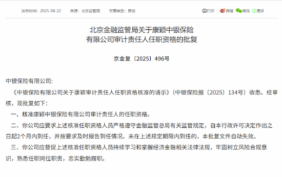 康颖中银保险审计责任人任职资格获批