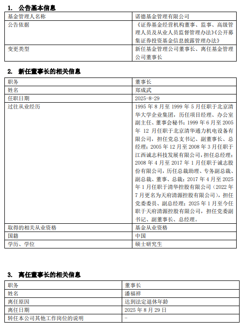 诺德基金换帅：潘福祥到龄退休 新任郑成武为董事长