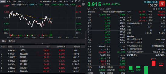 大金融奋起护盘，金融科技板块多股飘红！楚天龙逆市涨停，百亿金融科技ETF（159851）获资金溢价抢筹