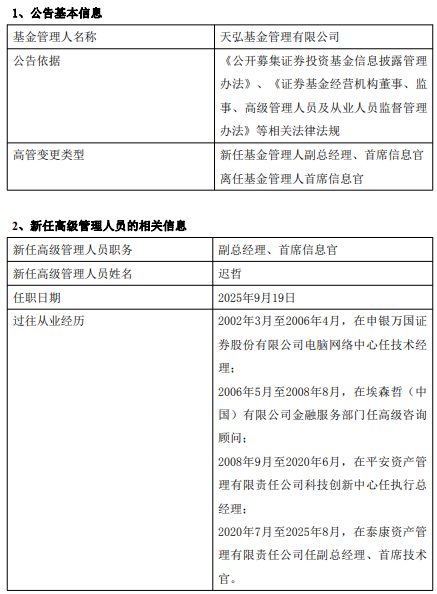 天弘基金高管变动：迟哲出任副总经理、首席信息官，刘荣逵转岗