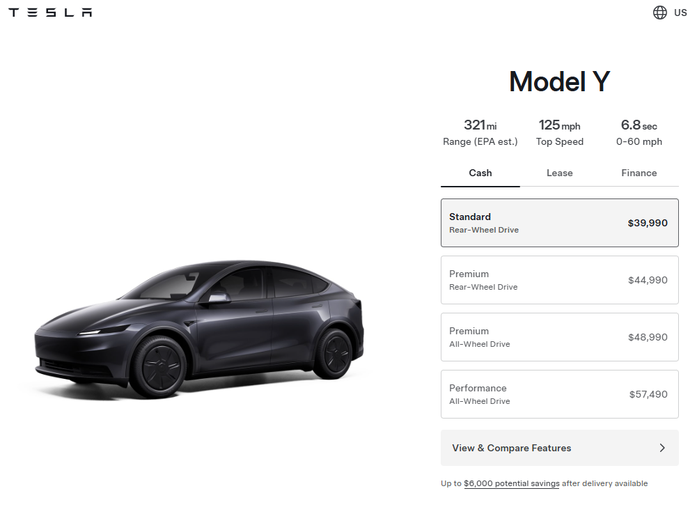 特斯拉推出售价39990美元的新版Model Y