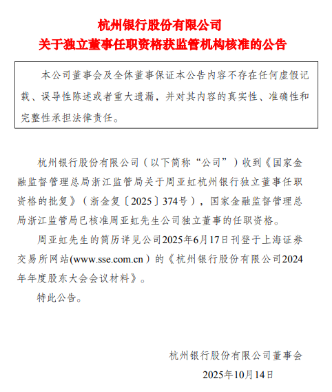 杭州银行：周亚虹独立董事的任职资格获核准