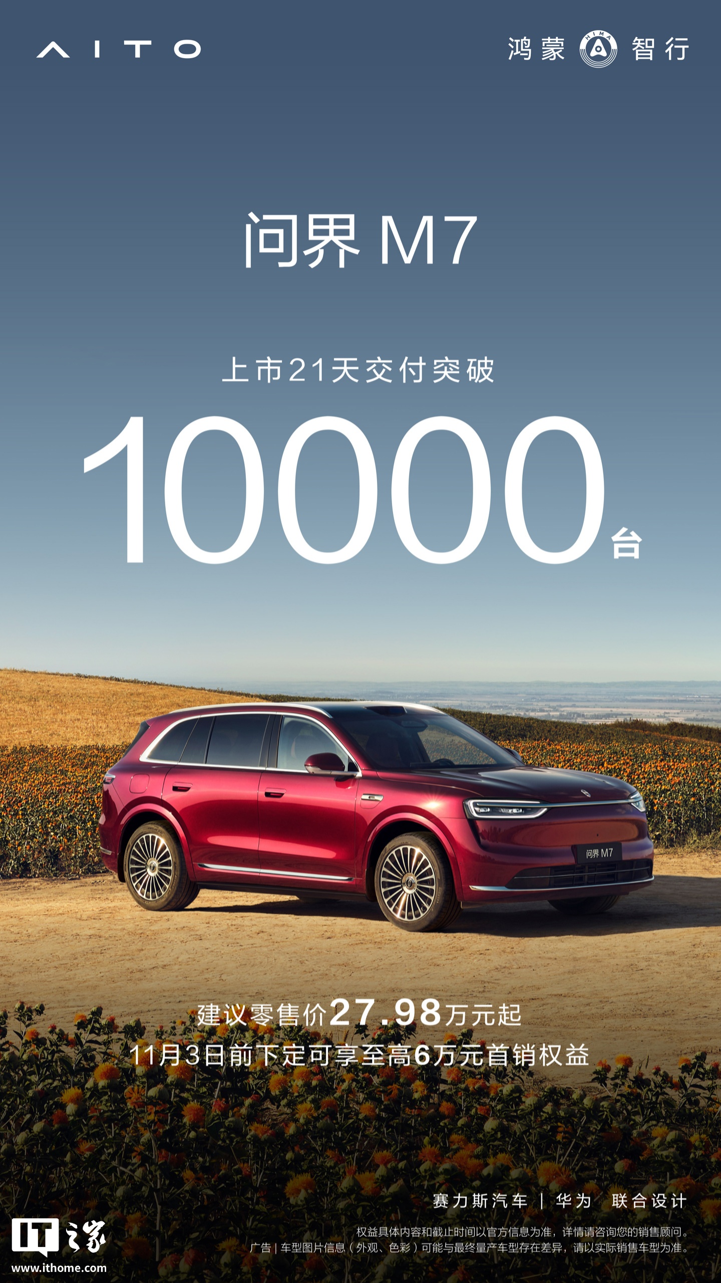 鸿蒙智行全新问界 M7 汽车上市 21 天交付突破 10000 台，27.98 万元起