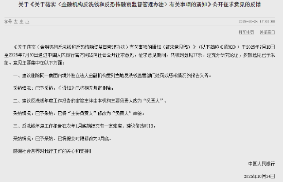 央行:已予采纳删除同一集团内境外独立法人金融机构受到当地反洗钱监管部门处罚或惩戒情况的报告义务的建议